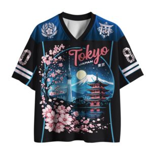 Front view of the lunar tokyo skyline mesh jersey featuring vibrant Tokyo designs and cherry blossoms.