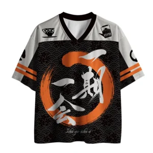 Front view of the ichi-go-ichi-e mesh jersey showcasing bold orange and black design details.