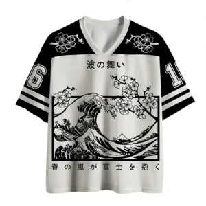 Front view of the Sakura Wave Dance Mesh Jersey, featuring a black and white design with floral details.