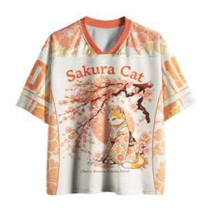 Front view of the Sakura Bloom Feline Mesh Jersey featuring vibrant floral designs in soft peach and white.
