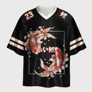 Front view of the glossy sakura koi fish jersey, featuring vibrant koi design on a black background.