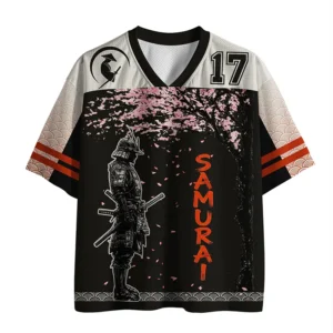Front view of the Sakura Samurai Mesh Jersey featuring a striking samurai design and cherry blossoms in black and white.