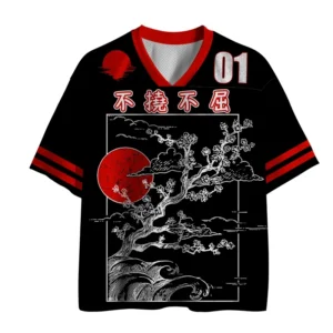 Front view of the Sakura Sun Never Give Up Mesh Jersey, featuring a bold black design with red accents.