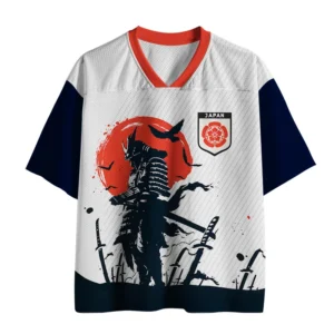 Front view of the samurai on the battlefield jersey in white and navy, showcasing bold graphics and vibrant colors.