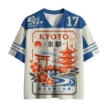 Front view of the Scenes of Kyoto jersey showcasing vibrant blue and white colors with intricate designs.