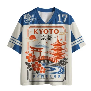Front view of the Scenes of Kyoto jersey showcasing vibrant blue and white colors with intricate designs.
