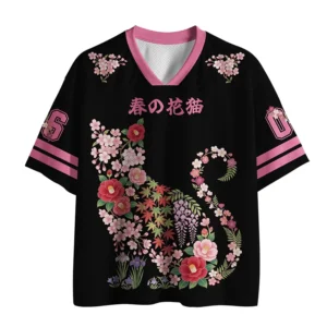 Front view of the spring floral cat mesh jersey featuring a colorful cat design on a black background.