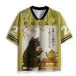Front view of the tea time with a black cat mesh jersey featuring a black cat design and vibrant green color.