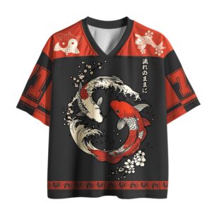 Front view of the Go With The Flow Zen Mesh Jersey featuring koi fish design and vibrant red accents.