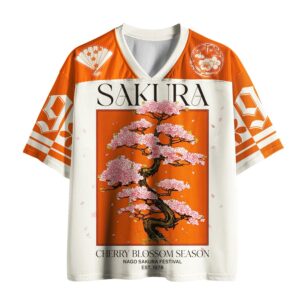 Front view of the Nago Cherry Blossom Mesh Jersey featuring vibrant orange and pink floral design.