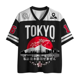 Front view of the Tokyo Sakura Sunset Mesh Jersey featuring a striking red and black design with iconic Tokyo skyline.