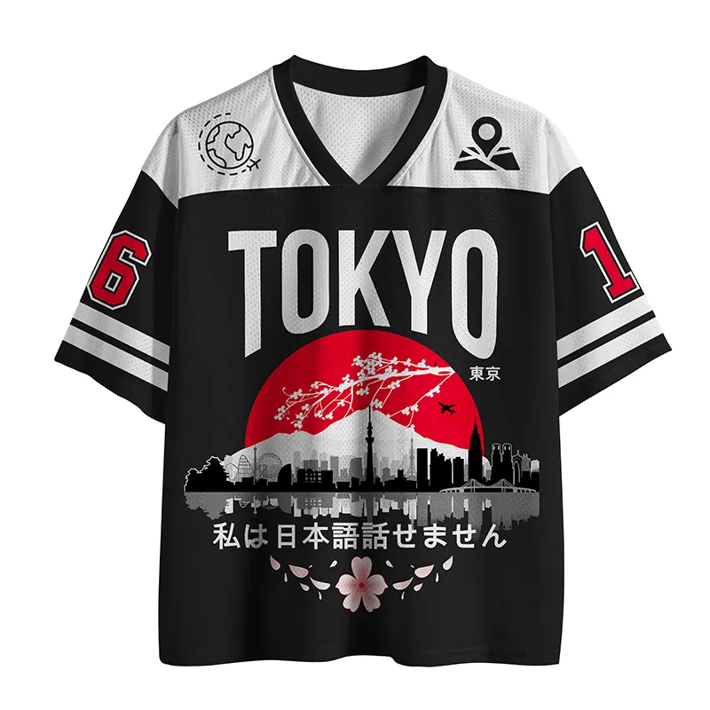 Tokyo Sakura Sunset Mesh Jersey Front view of the Tokyo Sakura Sunset Mesh Jersey featuring a striking red and black design with iconic Tokyo skyline.