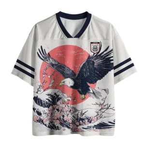 Front view of the ukiyo e eagle japanese mesh jersey showcasing vibrant eagle design and red sun backdrop.