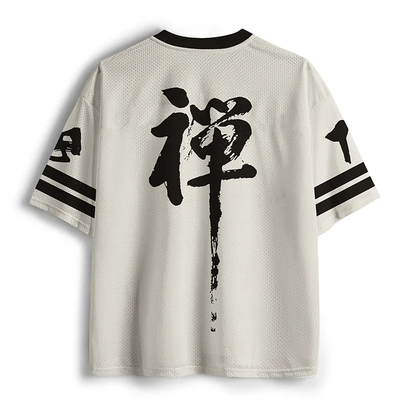 Zen Samurai Cat Mesh Jersey | Artful Cat Design Back view of the zen samurai cat mesh jersey showcasing the black and white details and sporty stripes.