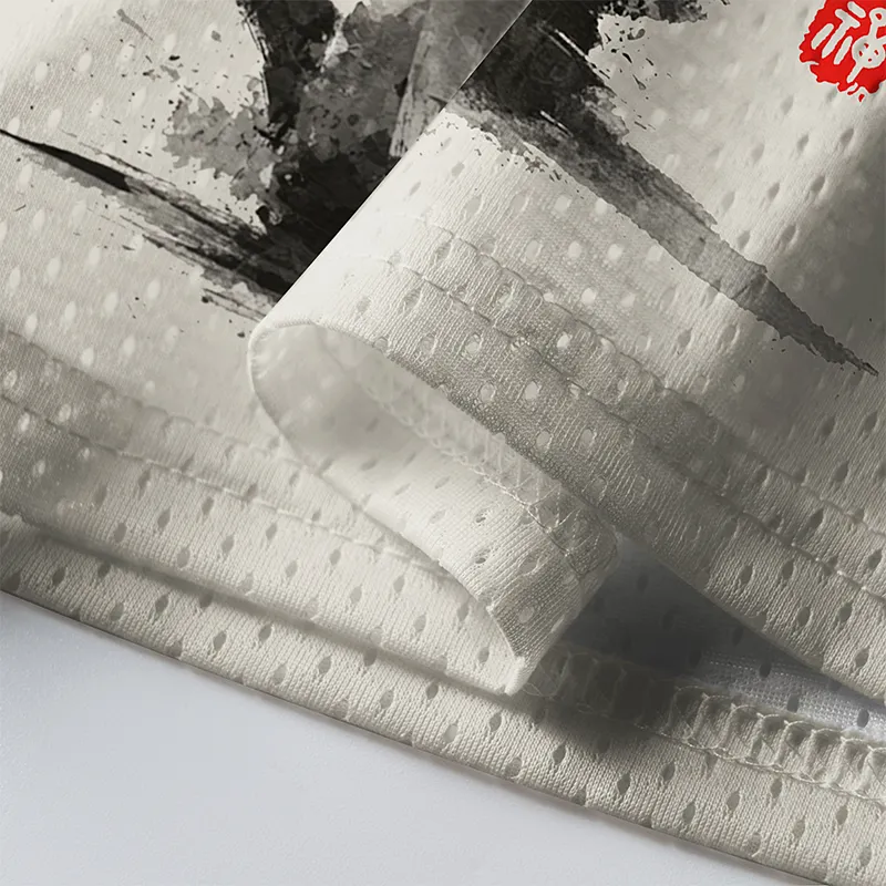 Zen Samurai Cat Mesh Jersey | Artful Cat Design Close-up of the zen samurai cat mesh jersey highlighting the intricate artwork and soft mesh fabric texture.