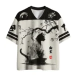Front view of the zen samurai cat mesh jersey featuring a black cat design on a cream background.