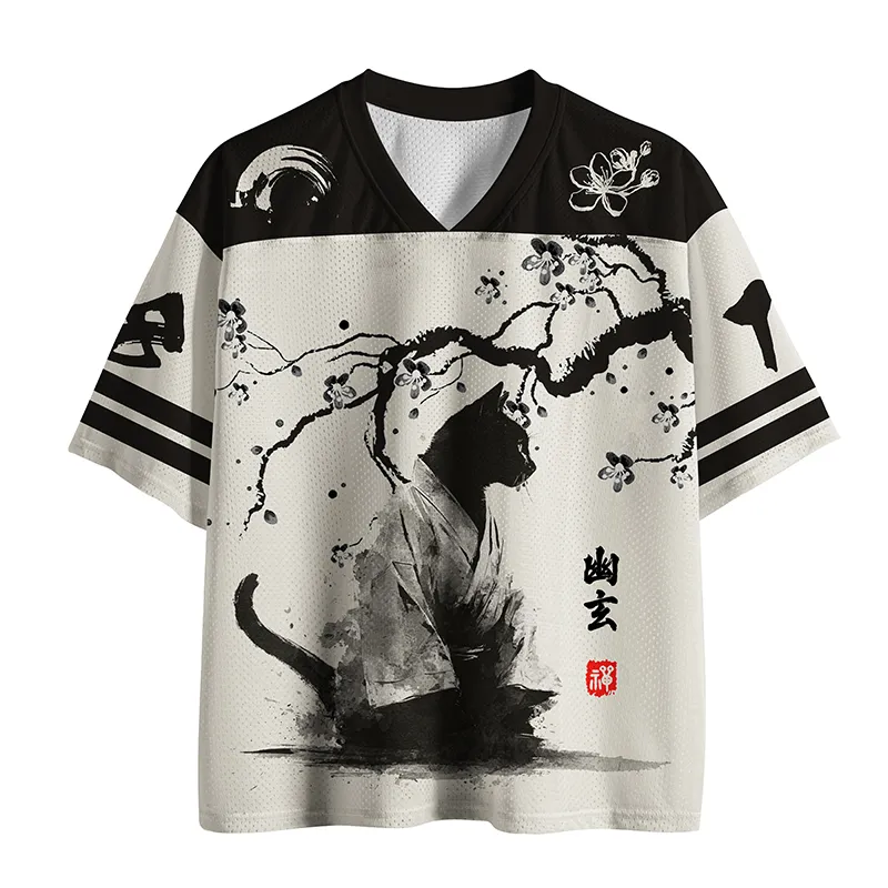 Zen Samurai Cat Mesh Jersey | Artful Cat Design Front view of the zen samurai cat mesh jersey featuring a black cat design on a cream background.