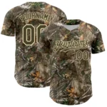 Front view of the camo olive cream 3D woodland camo baseball jersey with vibrant camouflage design.