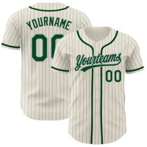 Home Front view of the cream gray pinstripe green baseball jersey featuring the team name and number.