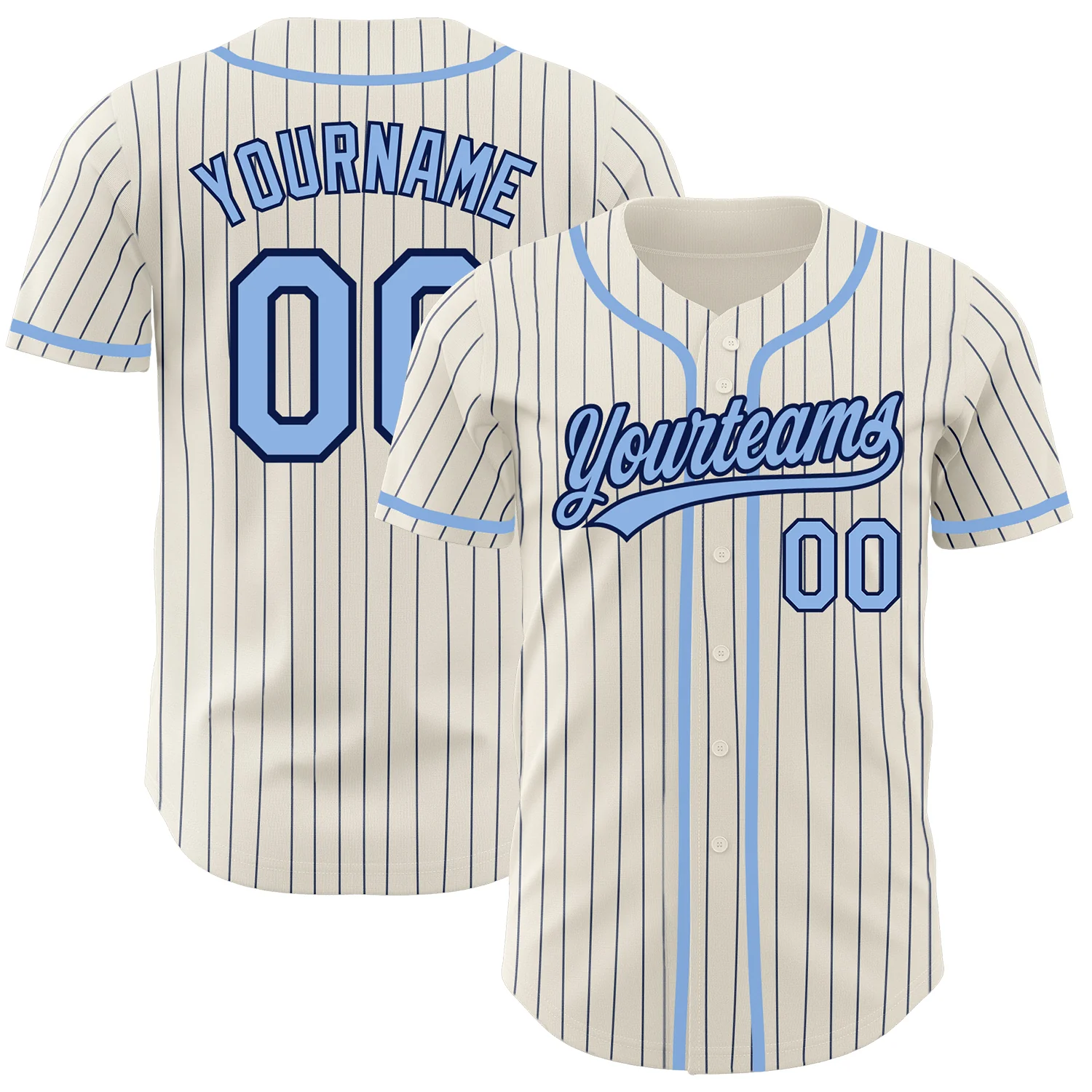 Cream Navy Pinstripe Baseball Jersey Front view of the cream navy pinstripe baseball jersey with light blue accents and team name.