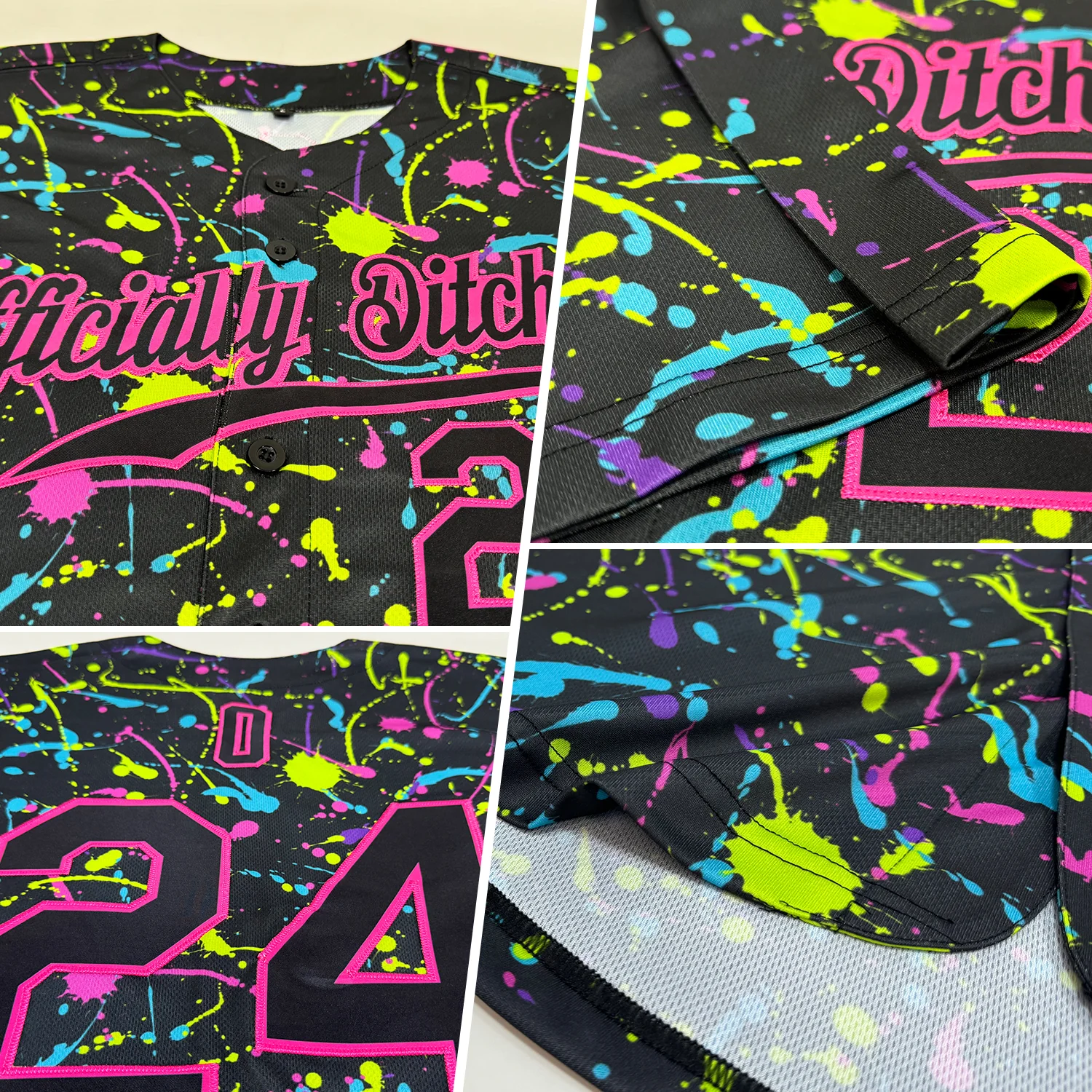 Graffiti Pattern Black Pink Baseball Jersey Back view of the graffiti pattern black pink baseball jersey showcasing personalized name and number details.