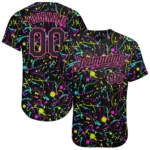 Front view of the graffiti pattern black pink baseball jersey featuring vibrant neon splatter design.