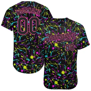 Home Front view of the graffiti pattern black pink baseball jersey featuring vibrant neon splatter design.