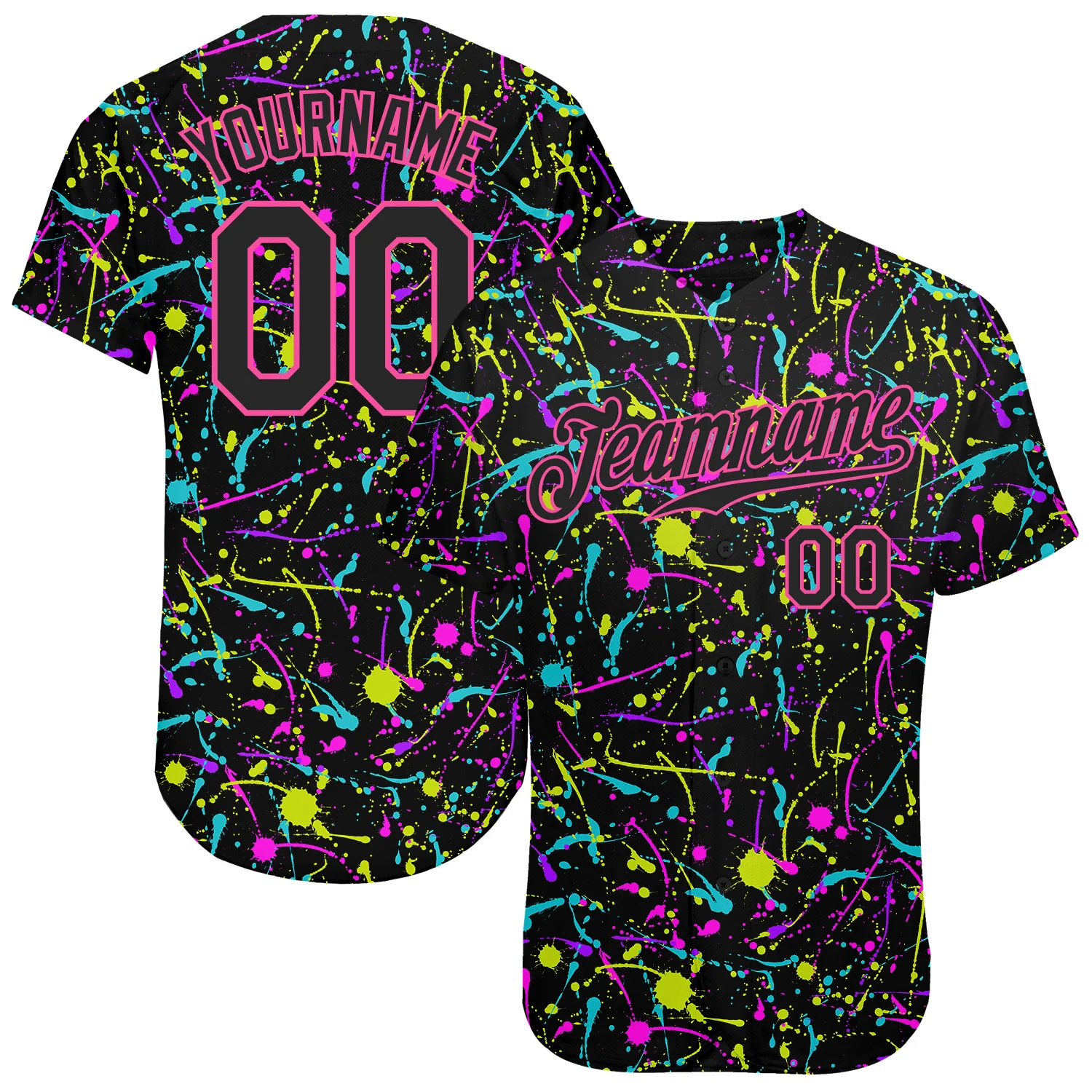 Graffiti Pattern Black Pink Baseball Jersey Front view of the graffiti pattern black pink baseball jersey featuring vibrant neon splatter design.