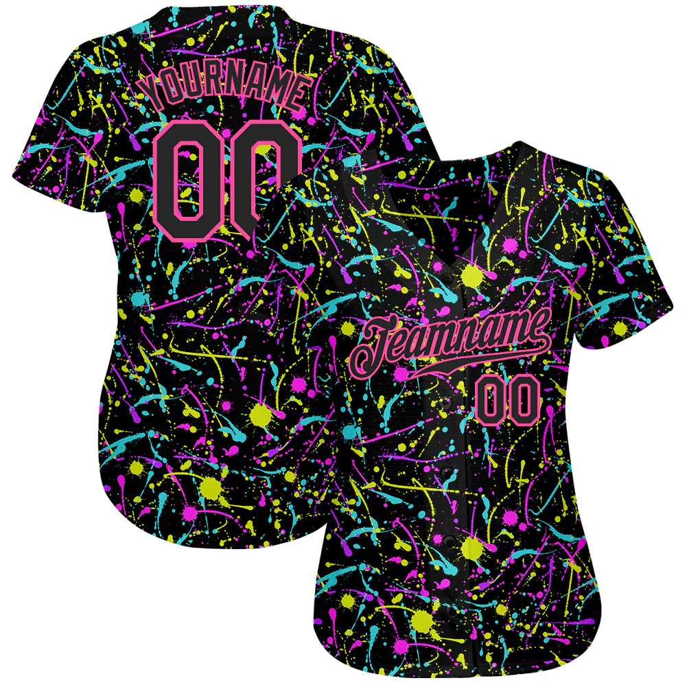 Graffiti Pattern Black Pink Baseball Jersey Close-up detail of the graffiti pattern black pink baseball jersey highlighting the unique splatter art.
