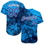 Front view of the graffiti pattern royal white baseball jersey showcasing vibrant colors and smooth fabric texture.