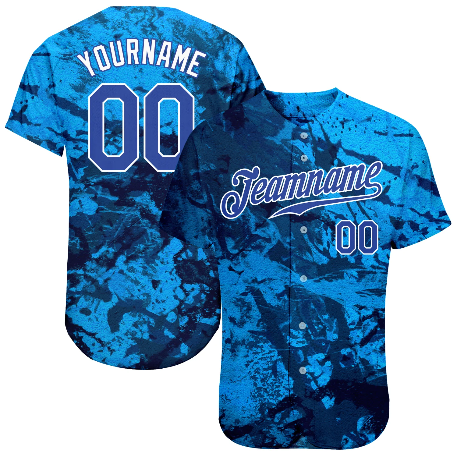 Graffiti Pattern Royal White Baseball Jersey Front view of the graffiti pattern royal white baseball jersey showcasing vibrant colors and smooth fabric texture.