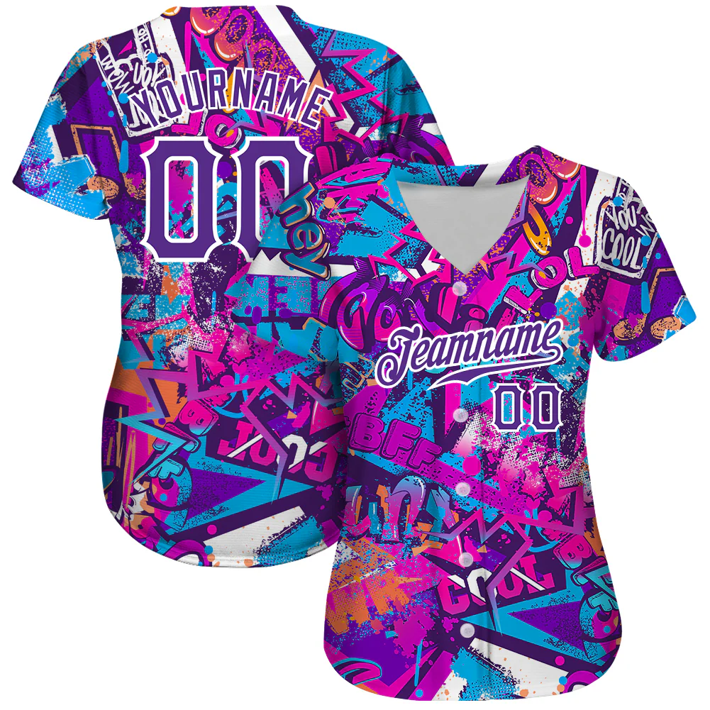 Custom Graffiti Words Pattern Baseball Jersey Back view showcasing the custom graffiti words pattern baseball jersey in white and purple with personalized details.