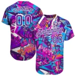Front view of custom graffiti words pattern baseball jersey in white and purple with vibrant 3D design.