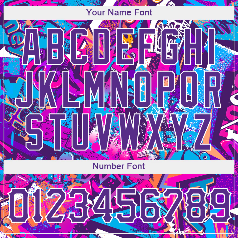 Custom Graffiti Words Pattern Baseball Jersey Side angle of the custom graffiti words pattern baseball jersey featuring bold white and purple graffiti art.