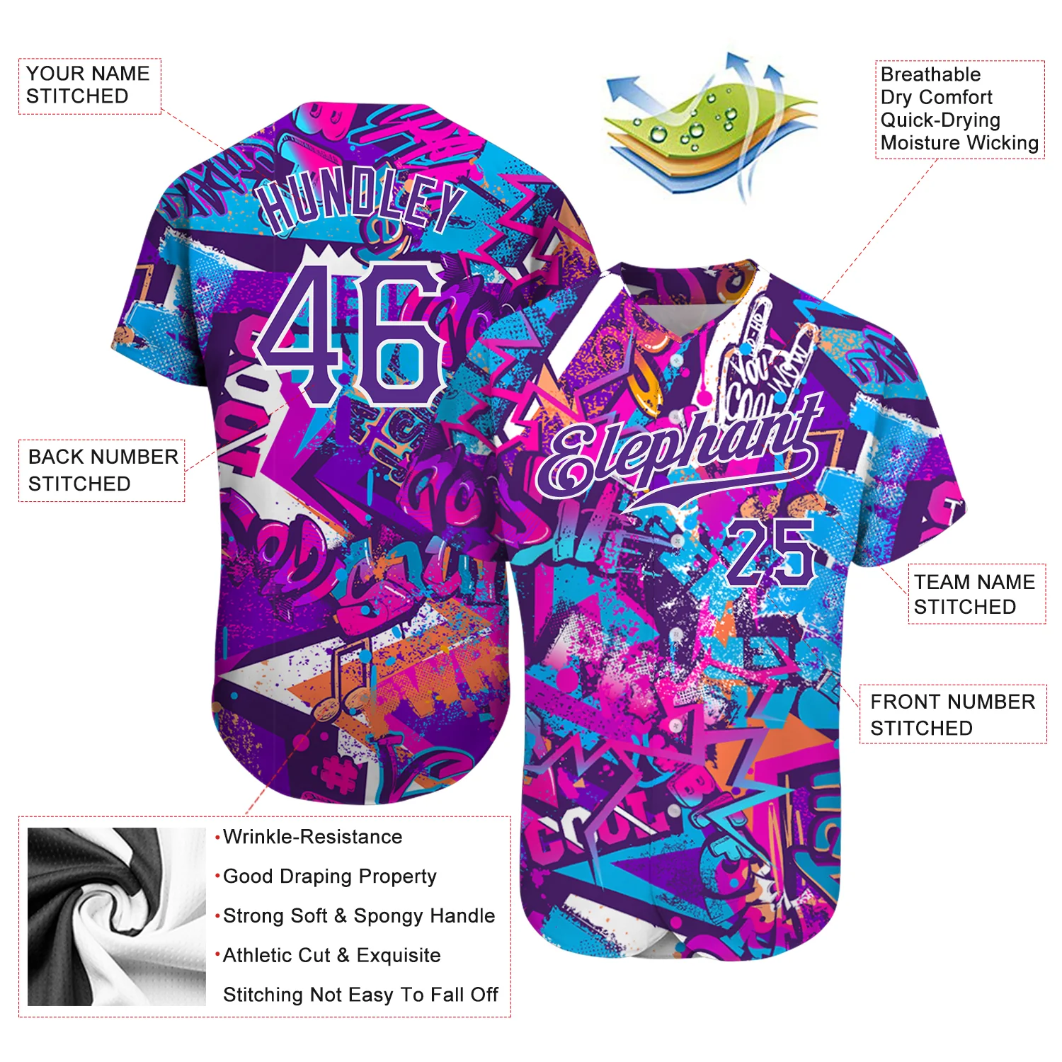 Custom Graffiti Words Pattern Baseball Jersey Close-up detail of custom graffiti words pattern baseball jersey highlighting the unique 3D graphics in white and purple.