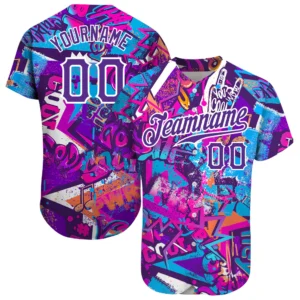 Home Front view of custom graffiti words pattern baseball jersey in white and purple with vibrant 3D design.