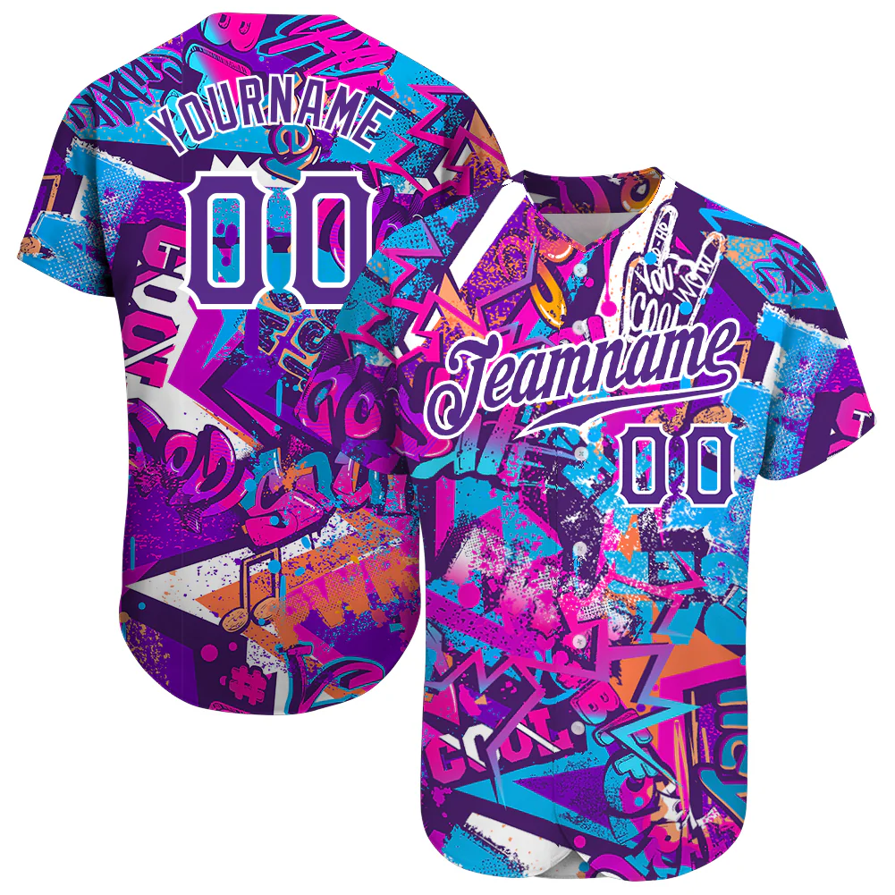Custom Graffiti Words Pattern Baseball Jersey Front view of custom graffiti words pattern baseball jersey in white and purple with vibrant 3D design.