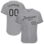 Front view of the gray black pinstripe baseball jersey featuring a classic button-up design.