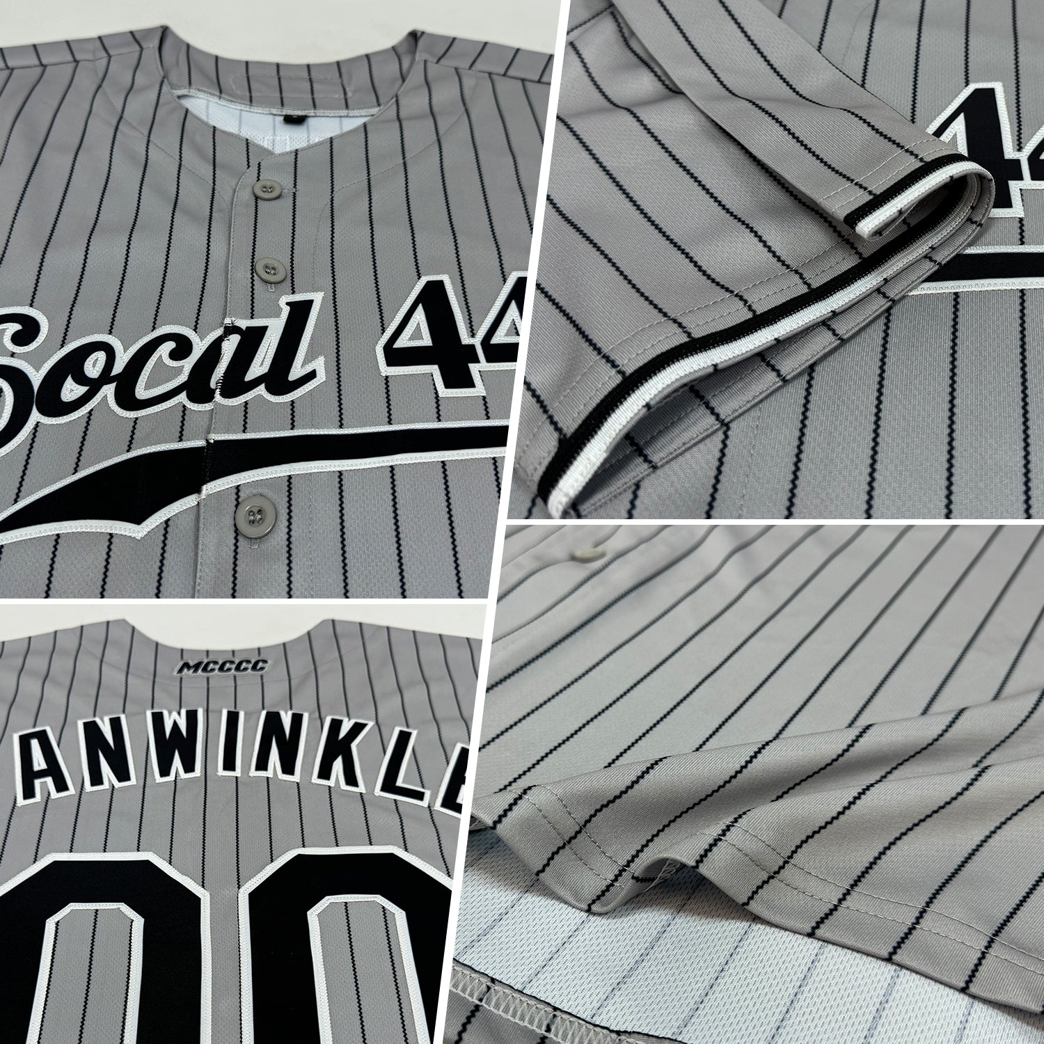 Gray Black Pinstripe Baseball Jersey Back view of the gray black pinstripe baseball jersey showcasing personalized name and number options.
