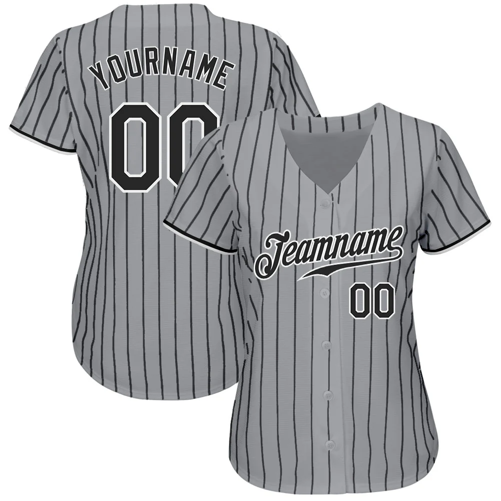 Gray Black Pinstripe Baseball Jersey Close-up detail of the gray black pinstripe baseball jersey's fabric texture and stitching.