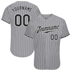 Home Front view of the gray black pinstripe baseball jersey featuring a classic button-up design.