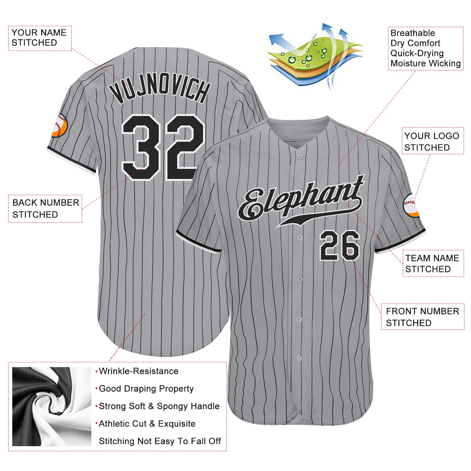 Gray Black Pinstripe Baseball Jersey Lifestyle shot of a player wearing the gray black pinstripe baseball jersey on the field.