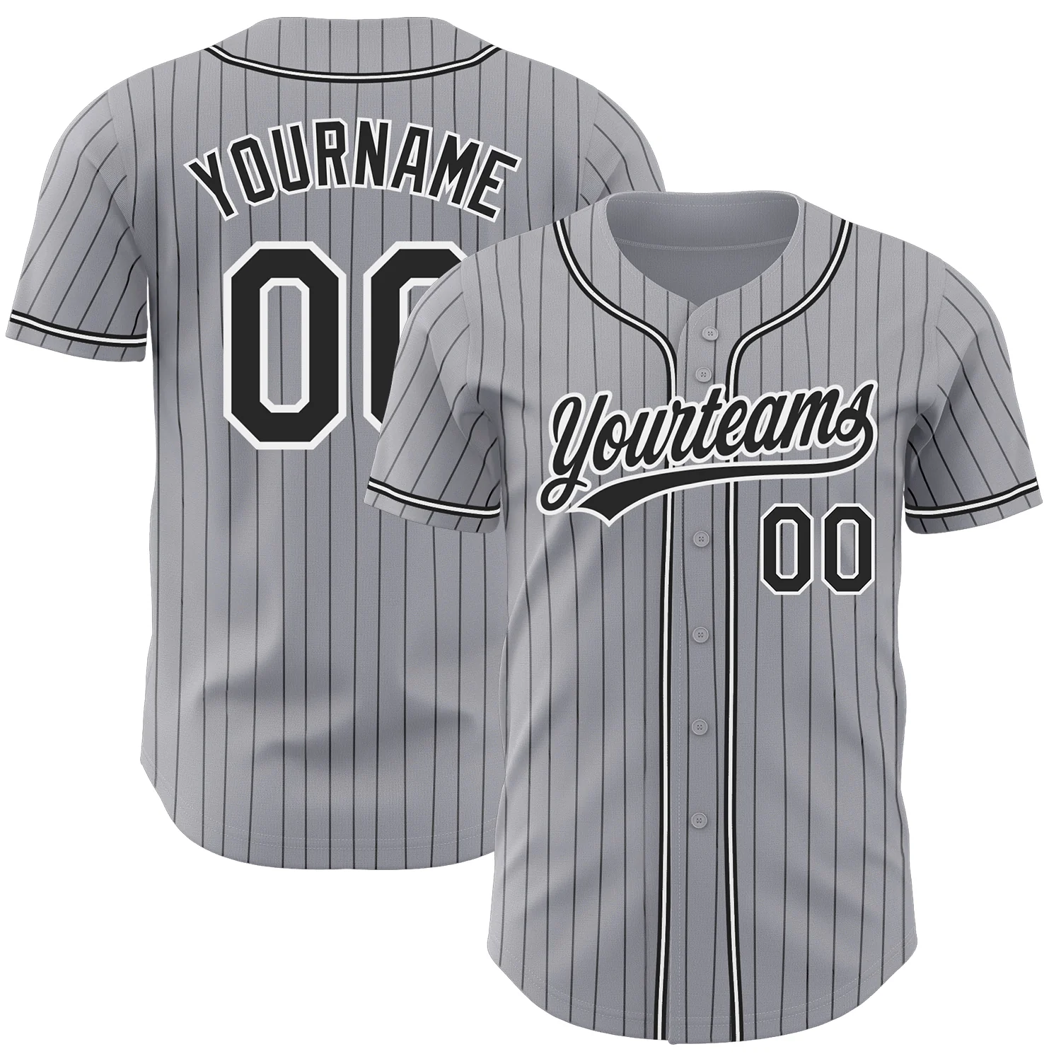 Gray Black Pinstripe Baseball Jersey Flat lay of the gray black pinstripe baseball jersey displaying its design against a neutral background.