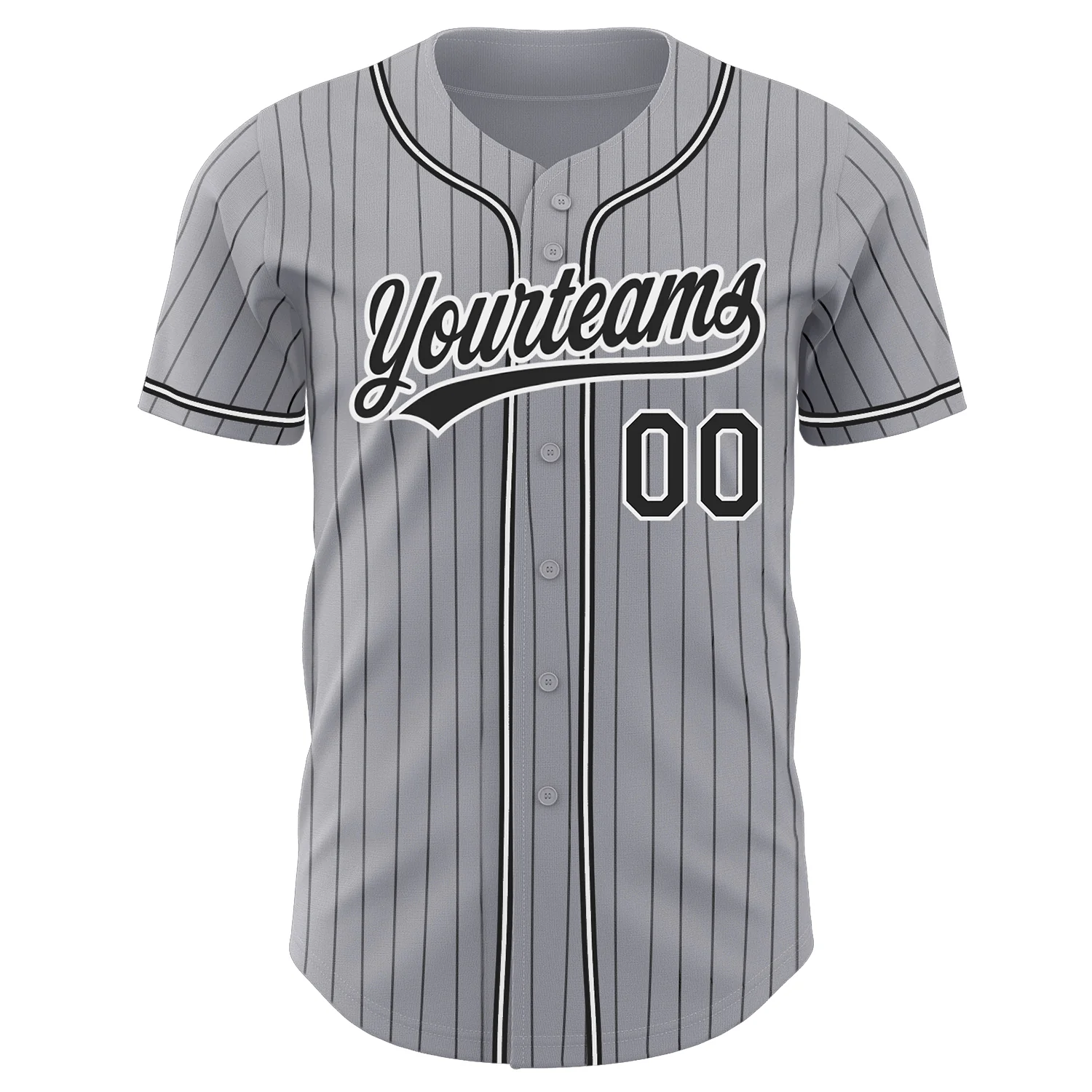 Gray Black Pinstripe Baseball Jersey Action shot of a player in the gray black pinstripe baseball jersey swinging a bat.