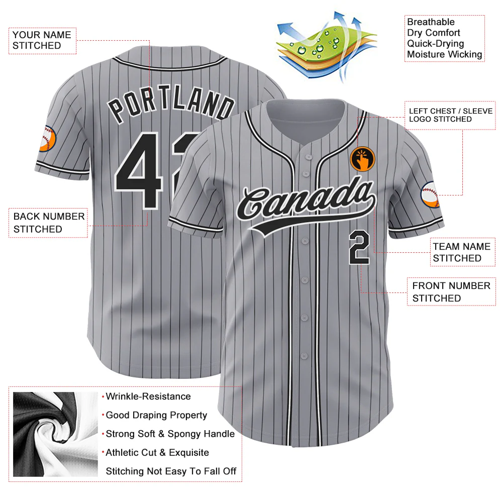 Gray Black Pinstripe Baseball Jersey Studio shot of the gray black pinstripe baseball jersey with a focus on the team logo.