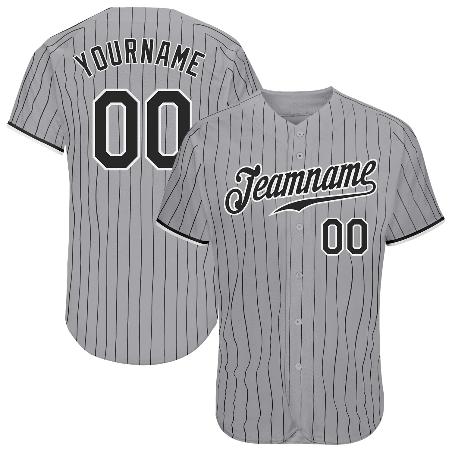 Gray Black Pinstripe Baseball Jersey Front view of the gray black pinstripe baseball jersey featuring a classic button-up design.