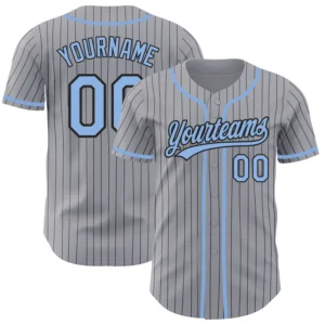 Front view of gray black pinstripe light blue baseball jersey featuring team name and number.