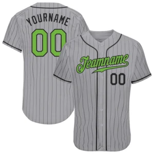 Front view of gray black pinstripe neon green baseball jersey with team name and number.