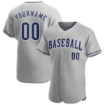 Front view of the custom gray navy white baseball jersey showcasing bold lettering and classic design.