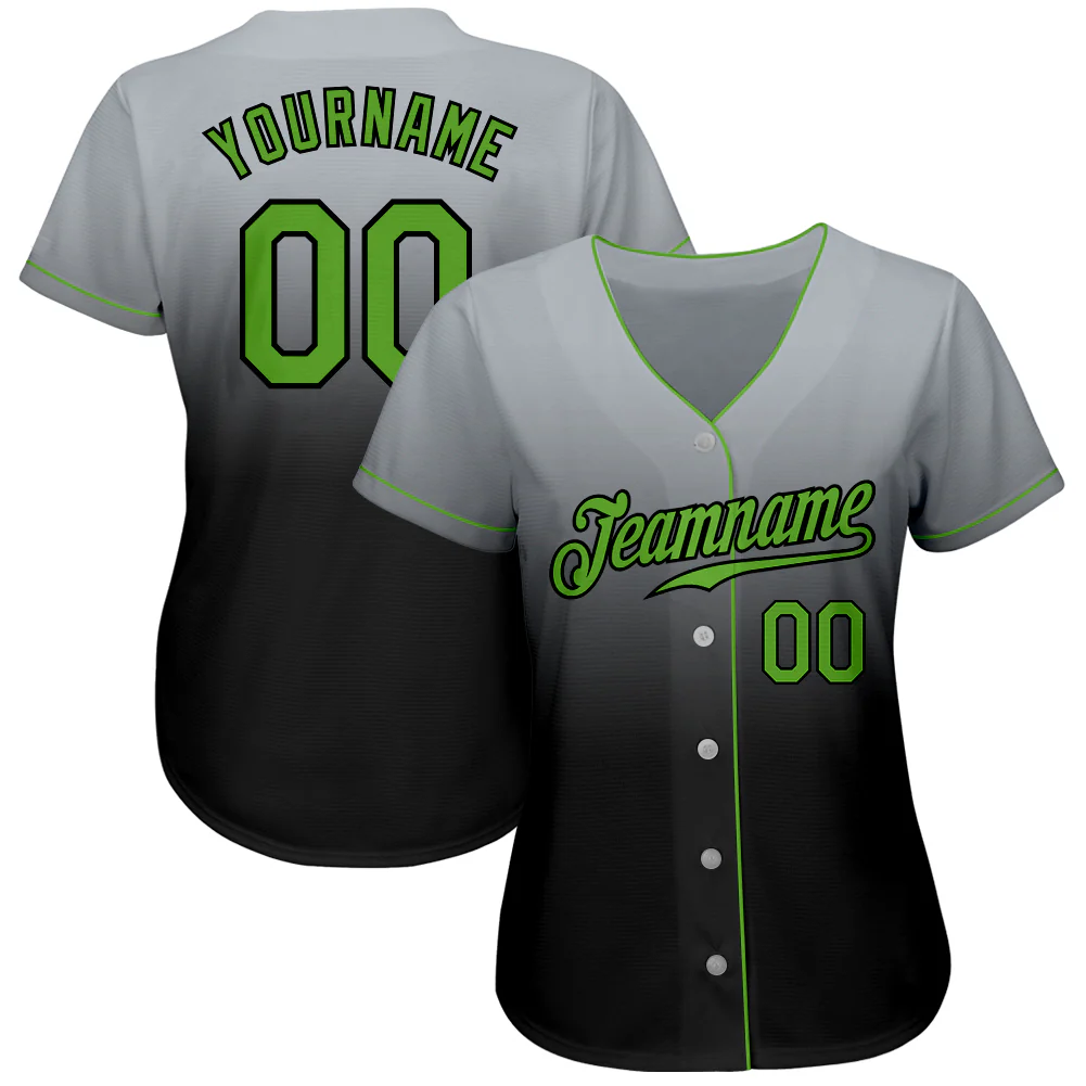 Gray Neon Green Black Fade Baseball Jersey Back view of the gray neon green black fade baseball jersey featuring personalized name and number for a unique look.